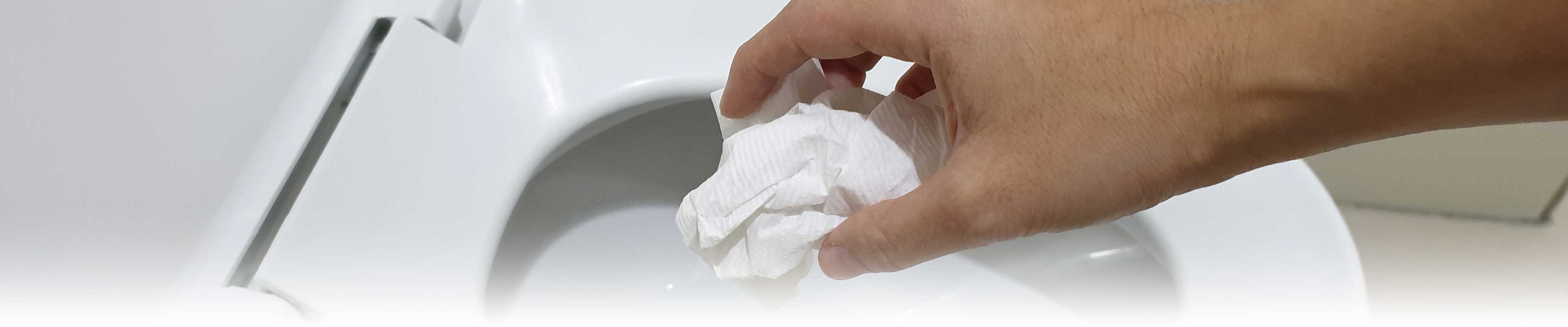 A hand disposing of non-flushable wipes in a toilet.